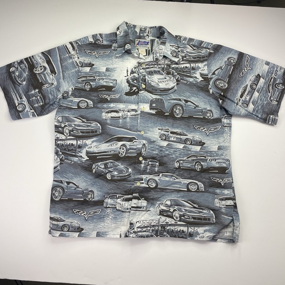 Reyn Spooner Corvette Button Shirt Men's Large Short Sleeve Sports Blue Grey